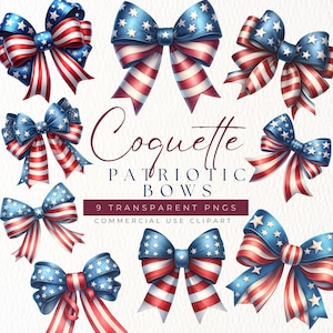 Coquette Patriotic 4th of July Bow PNG Bundle, Red White Blue Sublimation Clipart, USA Independence Day PNG, Cute Patriotic Bows