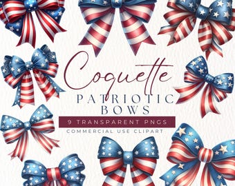 Coquette 4th of July Bow Clipart: Patriotic PNG Bundle (Digital Download)