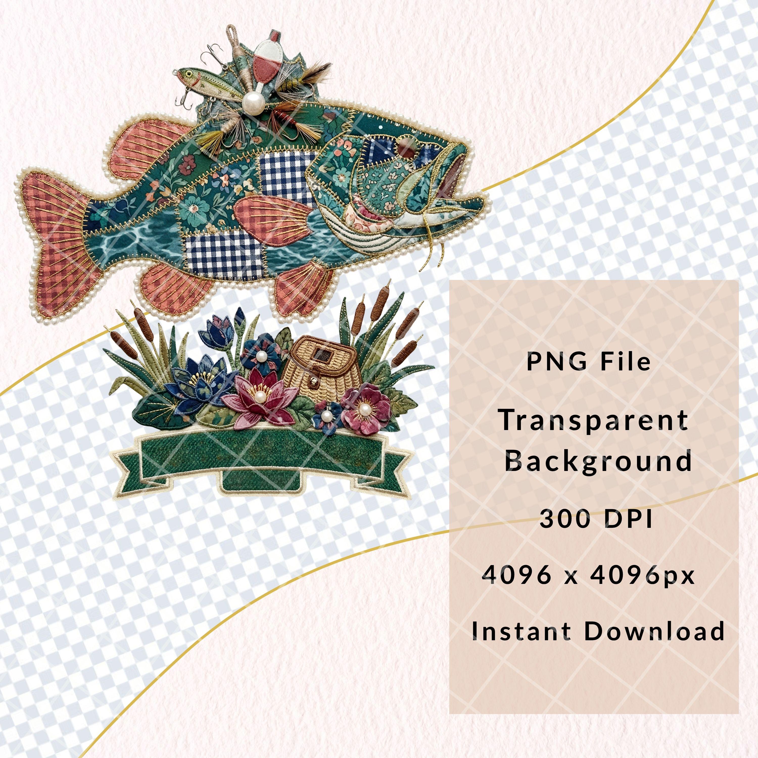 Patchwork Fish Design Patchwork Bass Fish Clipart PNG, Faux Embroidery Style Fishing Design ...