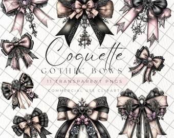 Gothic Coquette Bow Clipart Bundle, Black Pink Ribbons, Dark Academia Digital Download, Intricate Victorian Bows for Junk Journal and Craft