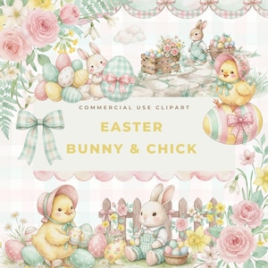 May include: Watercolor illustration featuring Easter bunnies, chicks, eggs, and flowers. The image includes pastel colors, bows, and the text "Easter Bunny & Chick" and "Commercial Use Clipart". The overall theme is spring and Easter.