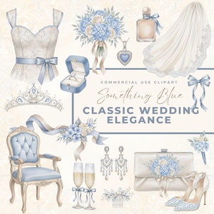 Puede incluir: Ilustración en acuarela de elementos de boda en tonos azules y blancos. Incluye un vestido de novia, ramo, frasco de perfume, velo, joyero, tiara, silla, pendientes, bolso de mano, zapatos y el texto "Something Blue Classic Wedding Elegance."