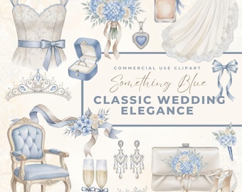 Blue Watercolor Wedding Clipart Bundle, Something Blue Bridal PNG, Wedding Floral & Ribbon Art, Commercial Use
