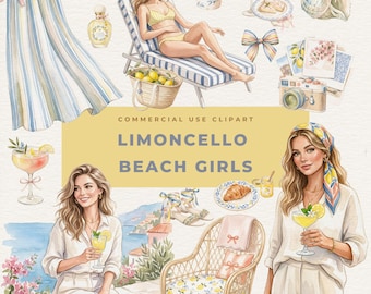 Beach Girl Clipart Bundle, Lemon Summer Clipart, Coastal Vacation PNG, Amalfi Coast Aesthetic, Feminine Planner Stickers, Commercial Use