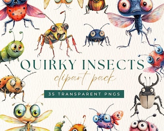 Whimsical Bugs Clipart Bundle, Watercolor Quirky Insects PNG, Kid Crafts, Bug Sticker Design, Educational Classroom Art, Commercial Use