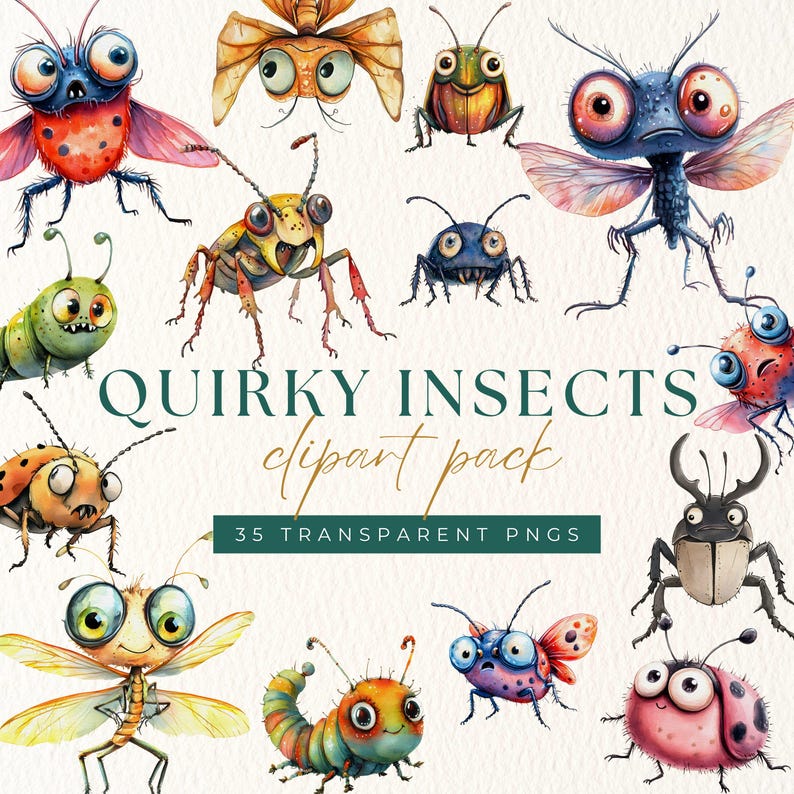 Whimsical Bugs Clipart Bundle, Watercolor Quirky Insects PNG, Kid ...