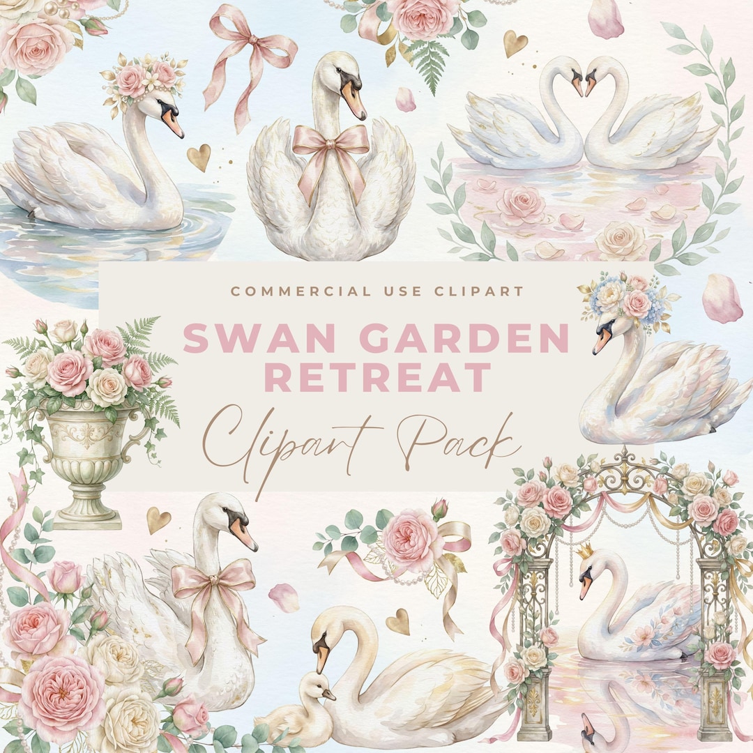 Swan Watercolor Clipart Bundle, Elegant Pink Floral Swan PNG, Wedding ...