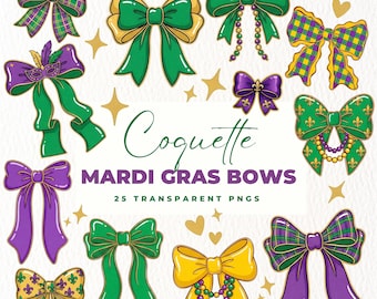 Coquette Mardi Gras Bows Clipart Bundle, New Orleans Carnival Bow Clipart,  Purple Green Gold, Sublimation Design