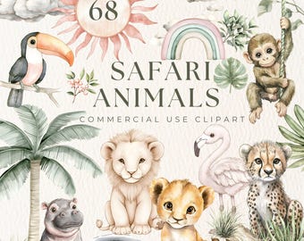 Clipart di animali da safari neutri, PNG di cuccioli di animali della giungla ad acquerello, arte per bambini in stile safari, download digitale, pacchetto per uso commerciale
