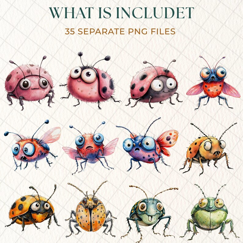 Whimsical Bugs Clipart Bundle, Watercolor Quirky Insects PNG, Kid ...