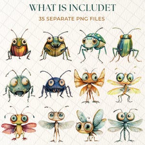 Whimsical Bugs Clipart Bundle, Watercolor Quirky Insects PNG, Kid ...