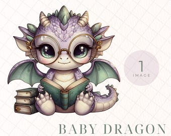 Könnte beinhalten: Illustration eines Baby-Drachen mit Brille, der ein Buch liest. Der Drache ist lila mit grünen Flügeln und sitzt neben einem Stapel Bücher. Der Text "BABY DRAGON READING" und "COMMERCIAL USE CLIPART" ist enthalten.