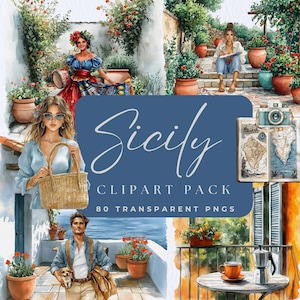 Watercolor Sicily Clipart Bundle, Mediterranean Lemons PNG, Summer Digital Stickers, Junk Journal Art, Sublimation PNGs, Commercial Use