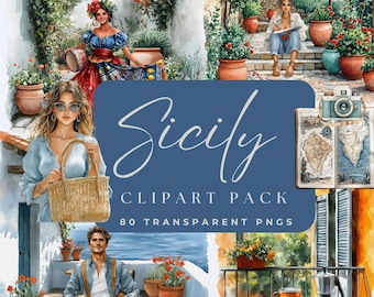Paquete de imágenes prediseñadas de acuarela de Sicilia, limones mediterráneos PNG, pegatinas digitales de verano, arte de diario basura, PNG de sublimación, uso comercial