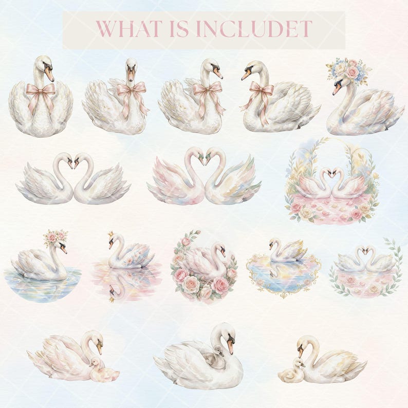 Swan Watercolor Clipart Bundle, Elegant Pink Floral Swan PNG, Wedding ...