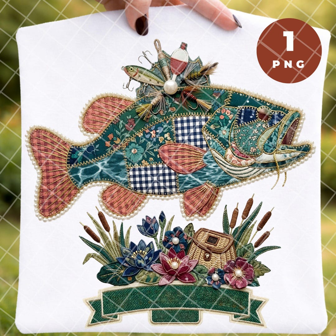 Patchwork Fish Patchwork Bass Fish Clipart PNG, Faux Embroidery Style Fishing Design ...