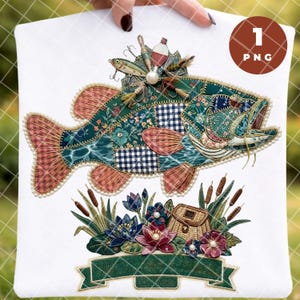 Clipart z rybą basową w stylu patchworkowym w formacie PNG, wzór wędkarski w stylu haftu, aplikacja z tkaniny w stylu vintage do pobrania w wersji cyfrowej