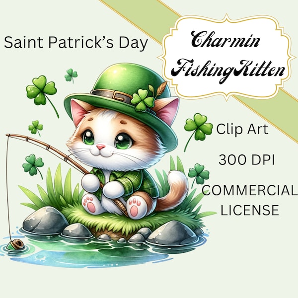 St. Patrick's Day Kitten Watercolor Clip Art - Festive Green Hat, Shamrock, Fishing Cat by Pond, Four-Leaf Clover, Luck Theme Digital Art