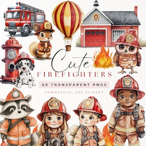 Cute Firefighter Clipart Bundle, Watercolor Fire Truck PNG, Nursery Wall Art, Fire Station Birthday Party, Cute Animal Fireman Clipart