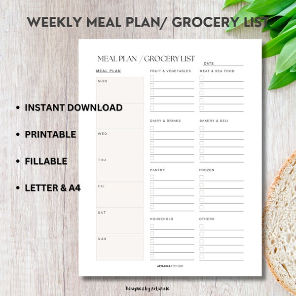 Einkaufslistenvorlage für Lebensmittel mit wöchentlichem Speiseplan, druckbares und ausfüllbares PDF, Essensvorbereitungsplaner, A4/Letter-Format, sofortiger Download,