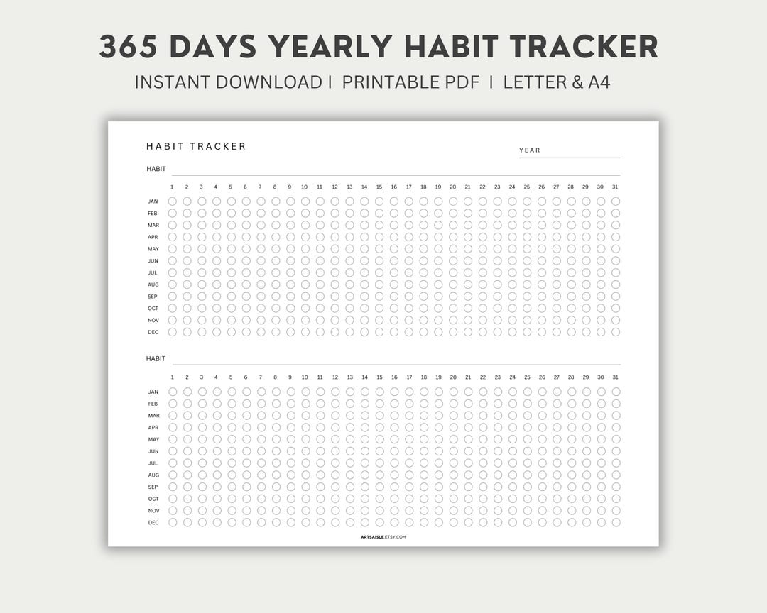 Daily Yearly Habit Tracker Printable Template , Habit Planner PDF ...