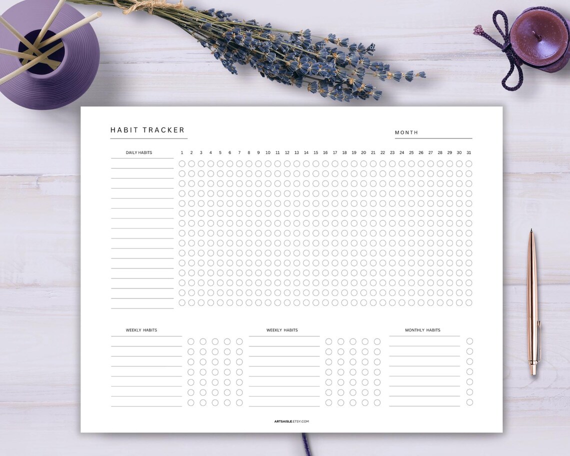 Monthly Habit Tracker Printable Landscape Template, Habit Planner , 30 ...