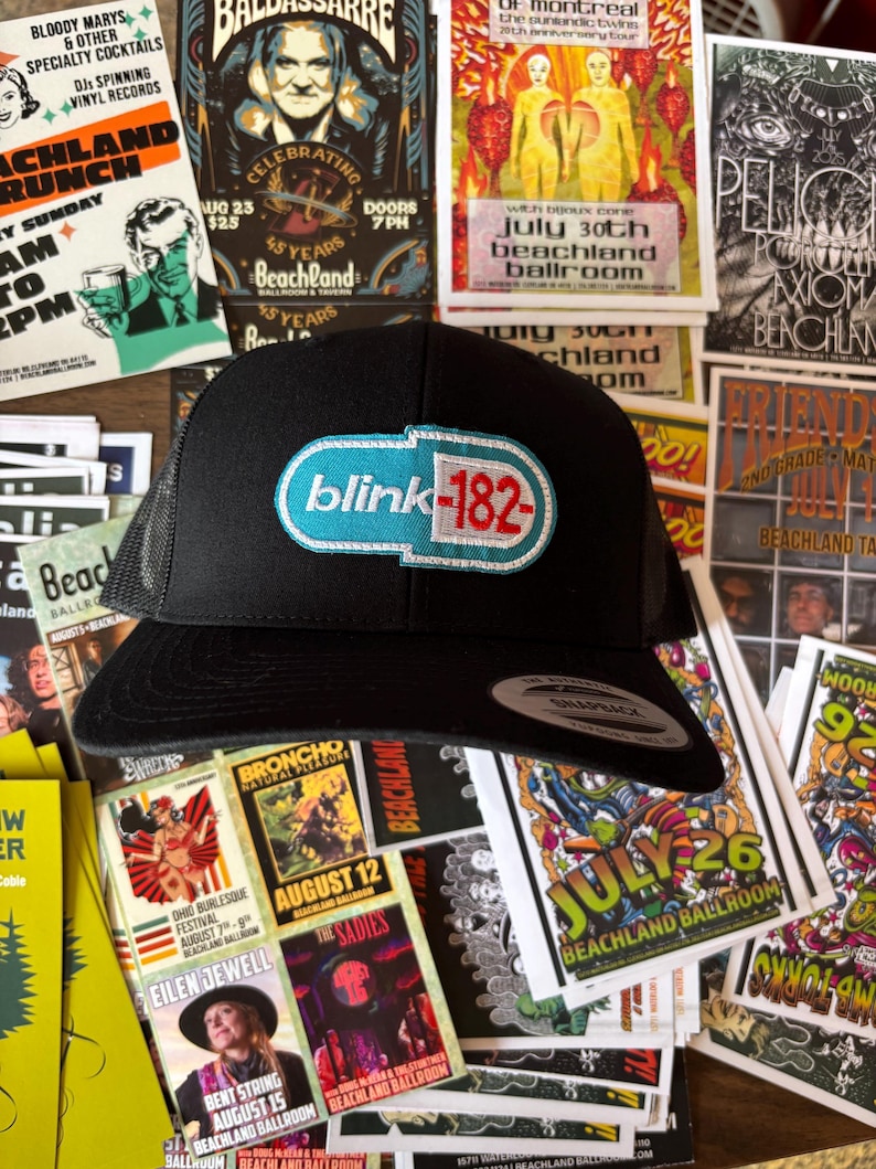 May include: Black trucker hat featuring the band name "blink-182" in a teal and red design. The hat is surrounded by various concert posters and flyers, creating a music-themed aesthetic.