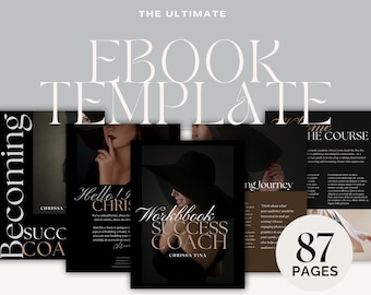 May include: A black and gold ebook template with the title "Workbook Success Coach" and the author's name "Chrissa Tina". The template features a woman in a black hat and a black and white background. The template includes 87 pages.