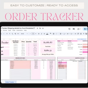 May include: A spreadsheet on a computer screen with a pink and white color scheme. The spreadsheet is titled "Order Tracker" and includes columns for products, services, price, quantity, total, status, method, and shipping details. The spreadsheet is used to track orders and sales.