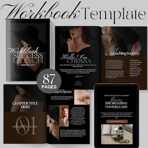 Puede incluir: Una plantilla de cuaderno de trabajo con un esquema de color marrón oscuro y negro. La portada presenta a una mujer con un sombrero negro y un vestido negro. El título del cuaderno de trabajo es "Workbook Success Coach" y la autora es "Chrissa Tina". El cuaderno de trabajo tiene 87 páginas. El texto "Hello! I'm Chrissa" aparece en la portada. El texto "My Coaching Journey" aparece en la portada. El texto "Join The Branding Masterclass!" aparece en la portada.