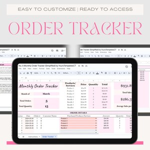 May include: A screenshot of a spreadsheet program with a pink and white color scheme. The spreadsheet is titled "No. 5 Monthly Order Tracker (Simplified) by Yours TemplatesCT". The spreadsheet is used to track orders, products, and sales. The spreadsheet includes columns for date, order number, customer name, purchased products/services, amount, quantity, and total.