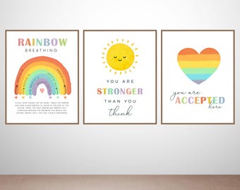 Calm Corner-posterset: regenboogademhaling, positieve affirmaties (digitale download)