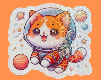 Astronaut Cat Sticker | Clear or White Background with Holographic Laminate Water Resistant
