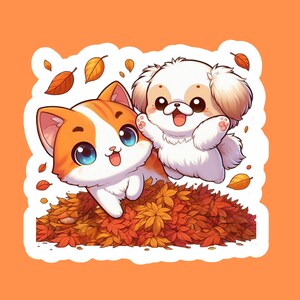 Pegatina de gato naranja y perro blanco / Besties Otoño Pegatina
