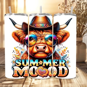 Summer Western Highland Cow Tumbler Wrap, Sunglasses Cow, Western Highland Cow Png, Cowboy Style Tumbler Wrap Png, Western Png, Moody Cow