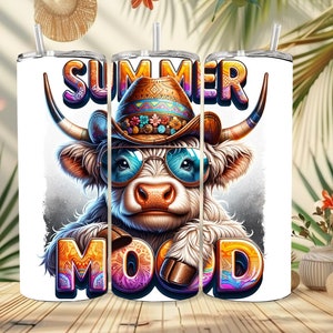 Highland Cow Tumbler Wrap Summer Mood, Peakaboo Cow, Western Highland Cow Png, Cowboy Style Tumbler Wrap Png, Western Png, Cow Beach Vibes