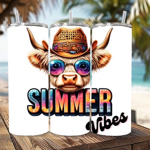 Summer Vibes Highland Cow Tumbler Wrap, Peakaboo Cow, Western Highland Cow Png, Cowboy Style Tumbler Wrap Png, Western Png, Cow Beach Vibes
