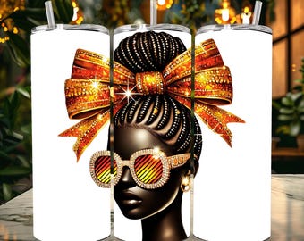 Autumn Glam Bow Diva Tumbler Wrap: Black Woman PNG (Digital Download)