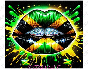 May include: A pair of lips with a Jamaican flag design and a row of sparkling gems. The lips are surrounded by yellow and green paint splatters. The text "STRAIGHT" is written below the lips.