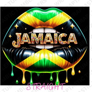 Può includere: Un design di labbra nero, verde e giallo con vernice che cola. Le labbra sono decorate con strass e la parola "JAMAICA" in lettere dorate. Il testo "STRAIGHT" è scritto sotto le labbra.