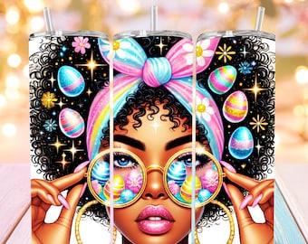 Black Woman Spring Easter 20oz Tumbler Wrap Afro Messy Bun Floral Black Girl Clipart Easter Eggs Tumbler Wrap Png African American Png