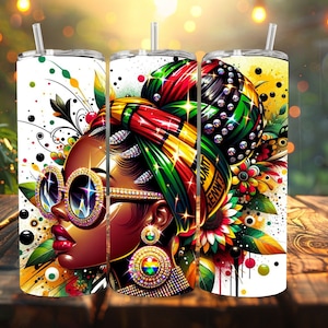 May include: A set of three stainless steel tumblers featuring a colourful design of a woman wearing a headscarf, sunglasses and earrings. The design includes flowers, leaves and a rainbow.