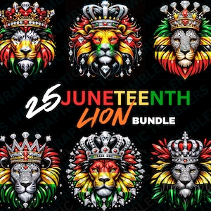 Könnte beinhalten: Ein Set aus vier digitalen Illustrationen, die einen Löwen mit einer juwelenbesetzten Krone und einer rot-gelb-grünen gemusterten Mähne zeigen. Der Text "25 Juneteenth Lion Bundle" wird unter den Bildern angezeigt.