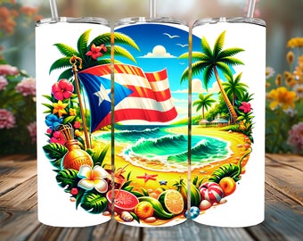 Puerto Rico Boricua 20oz Straight Tumbler PNG Tropical Puerto Rico Floral Art Tumbler Design Sublimation Design Digital