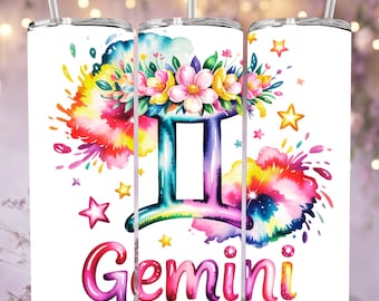 Gemini Zodiac Tumbler Wrap PNG: Astrology Sign Design (Digital Download 20oz Skinny Tumbler Template)