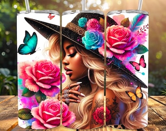 Black Woman Floral Tumbler Wrap: Melanin Queen Affirmations (PNG)