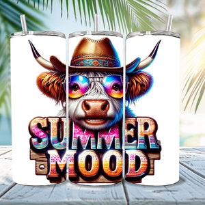 Summer Vibes Highland Cow Tumbler Wrap, Sunglasses Cow, Western Highland Cow Png, Cowboy Style Tumbler Wrap Png, Western Png, Moody Cow