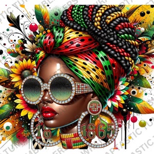 Peut inclure: Illustration numérique d'une femme à la peau foncée portant un turban coloré, de grands lunettes de soleil avec des strass et de grandes boucles d'oreilles créoles avec des strass. Les boucles d'oreilles portent le numéro 1865. L'arrière-plan est un motif abstrait coloré avec des tournesols.