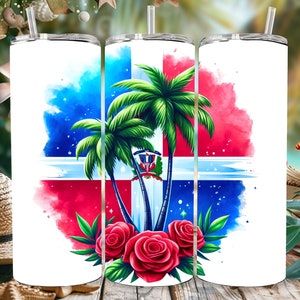 Dominican Republic Flag Tumbler Wrap: Floral Palm Design (PNG SVG)