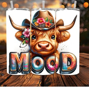 Mood Highland Cow Tumbler Wrap, Peakaboo Cow, Western Highland Cow Png, Cowboy Style Tumbler Wrap Png, Western Png, Floral Cow Svg, Moody